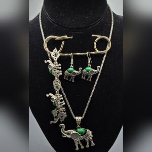 Elephant Set Necklace Bracelet Earrings Silver Tone Green Acrylic Cabs
